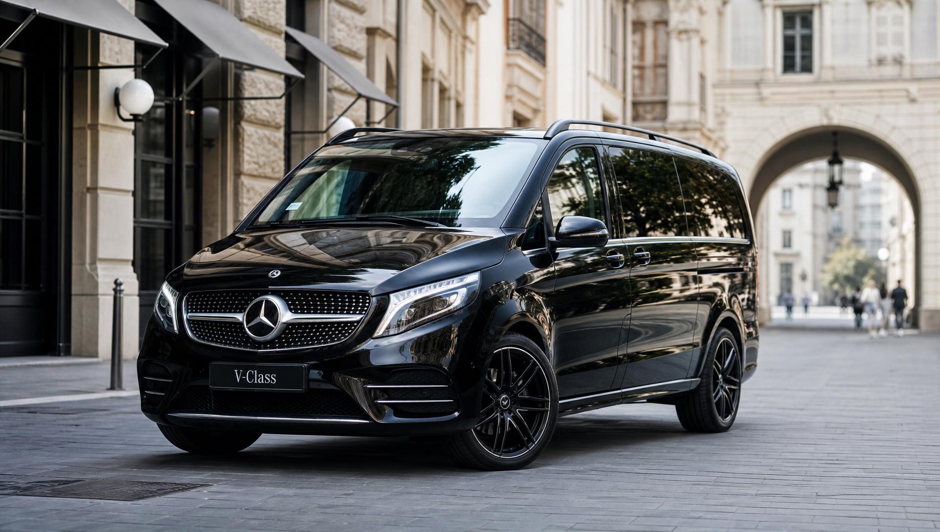 Czarny Mercedes V klasa przed eleganckim hotelem